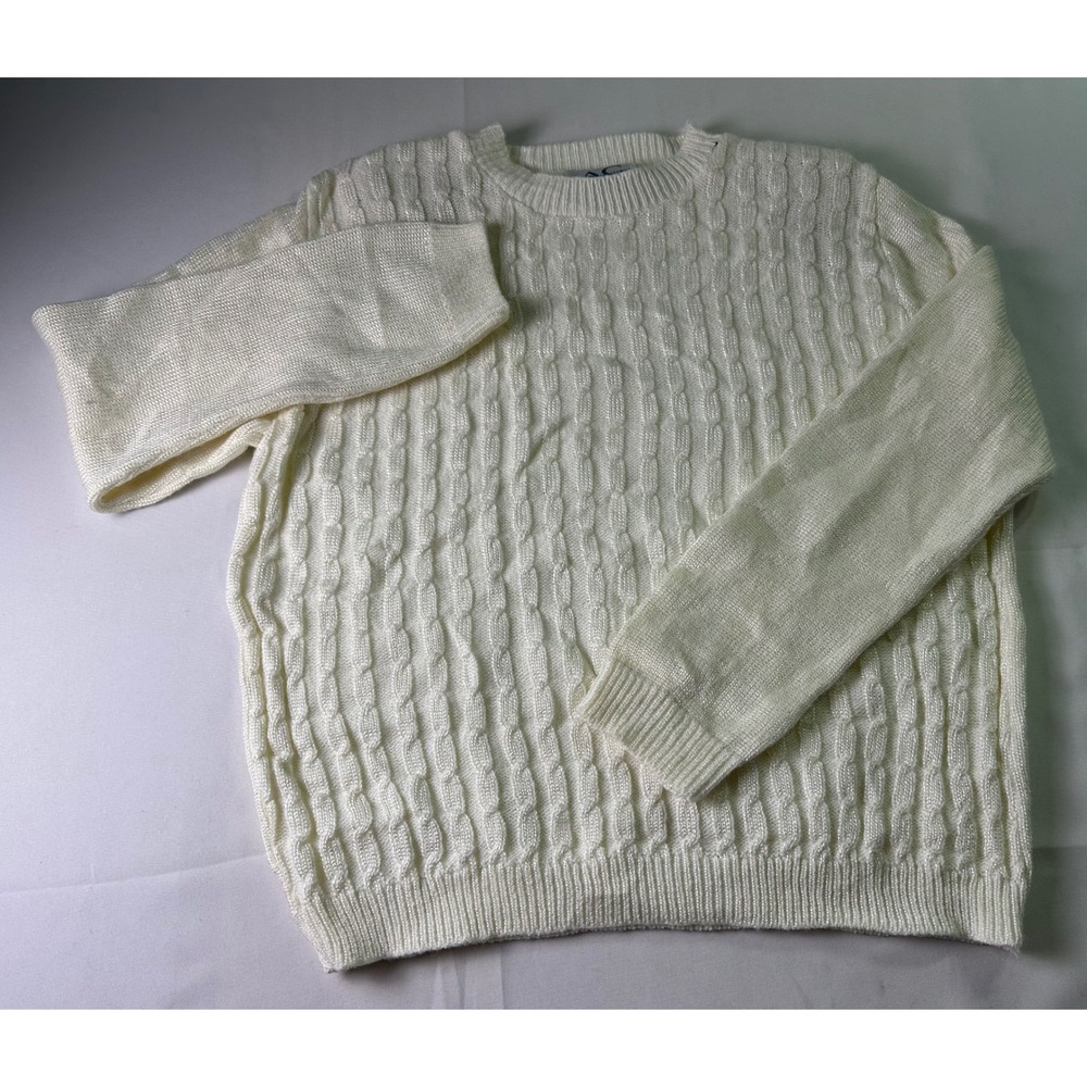 Vintage 90s Cottagecore‎ Cream Cable Knit Sweater Petite S Grandmacore USA Made